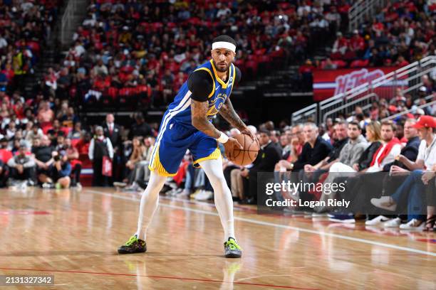 Gary Payton II of the Golden State Warriors handles the ball during the game against the Houston Rockets on April 4, 2024 at the Toyota Center in...