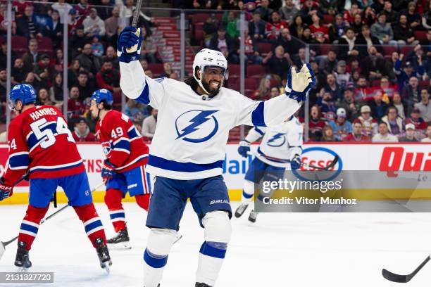 Anthony Duclair of the Tampa Bay Lightning celebrates after a goal during the second period of the NHL regular season game between the Montreal...