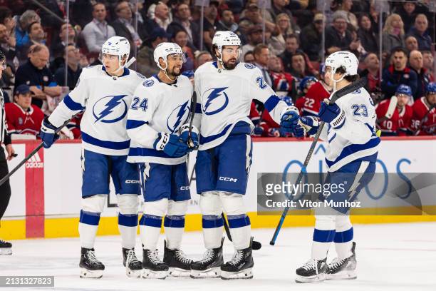 Nicholas Paul of the Tampa Bay Lightning celebrates after scoring a goal during the second period of the NHL regular season game between the Montreal...