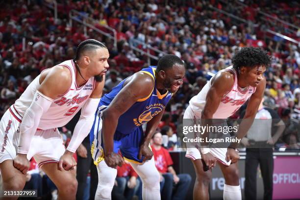Draymond Green of the Golden State Warriors smiles during the game against the Houston Rockets on April 4, 2024 at the Toyota Center in Houston,...