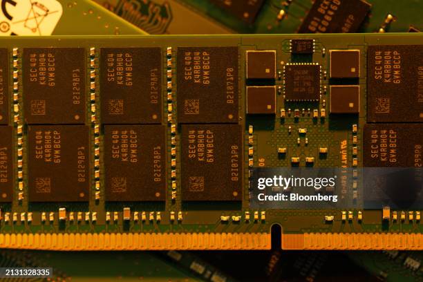 Memory chips on a Samsung Electronics Co. 128GB Double-Data-Rate 5 module arranged in Seoul, South Korea, on Thursday, April 4, 2024. Samsung's...