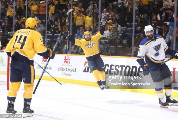 Nashville Predators left wing Filip Forsberg celebrates his second period goal during the NHL game between the Nashville Predators and St. Louis...