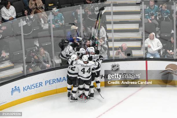 An overhead shot of Pierre-Luc Dubois of the Los Angeles Kings celebrating a goal against the San Jose Sharks with teammates at SAP Center on April...