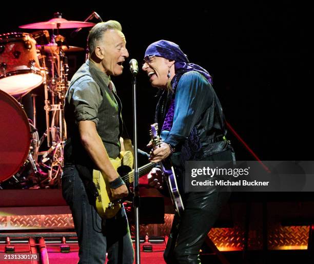 Bruce Springsteen and Steven Van Zandt at the Bruce Springsteen And The E Street Band concert held at the Kia Forum on April 4, 2024 in Los Angeles,...