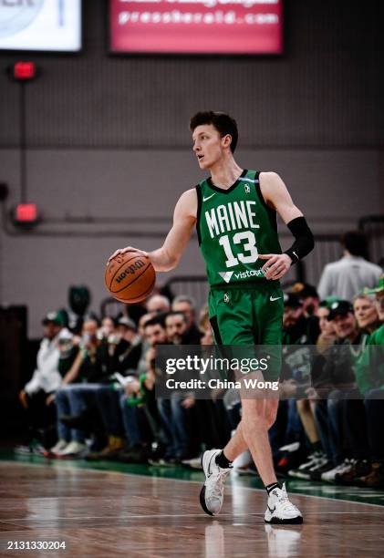 April 04: Drew Peterson of the Maine Celtics brings the ball up court during the 2023-24 G League Playoff game against the Delaware Blue Coats on...
