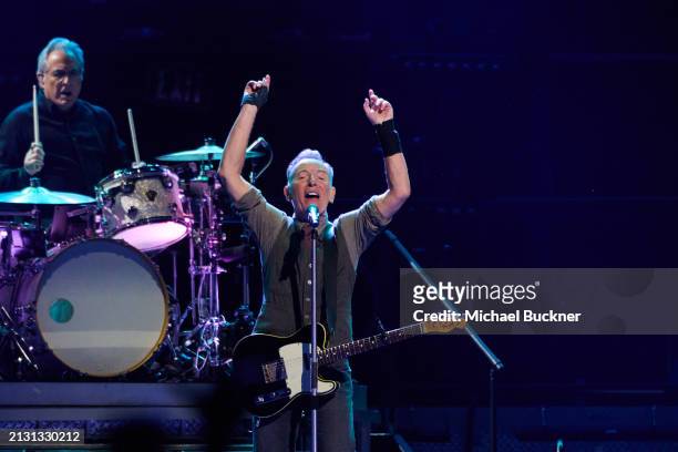 Max Weinberg and Bruce Springsteen at the Bruce Springsteen And The E Street Band concert held at the Kia Forum on April 4, 2024 in Los Angeles,...