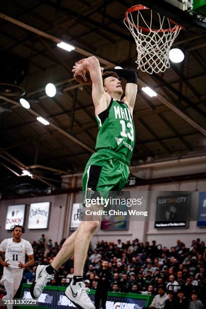 April 04: Drew Peterson of the Maine Celtics dunks the ball during the 2023-24 G League Playoff game against the Delaware Blue Coats on April 04,...