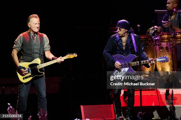 Bruce Springsteen and Steven Van Zandt at the Bruce Springsteen And The E Street Band concert held at the Kia Forum on April 4, 2024 in Los Angeles,...