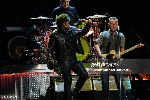 Jake Clemons and Bruce Springsteen at the Bruce Springsteen And The E Street Band concert held at the Kia Forum on April 4, 2024 in Los Angeles,...