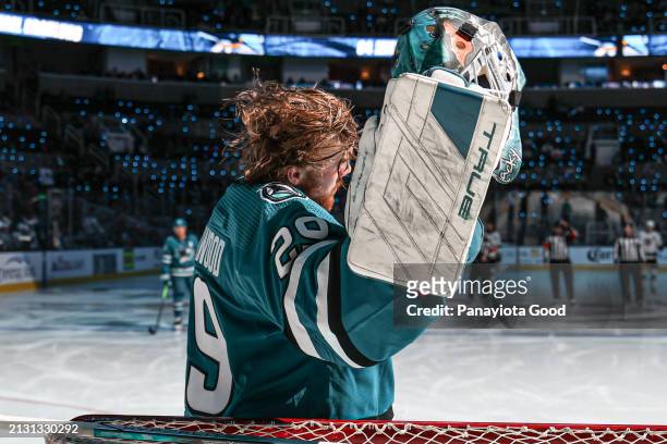 Mackenzie Blackwood of the San Jose Sharks prepares in net before a game against the Los Angeles Kings at SAP Center on April 4, 2024 in San Jose,...