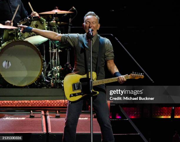 Bruce Springsteen at the Bruce Springsteen And The E Street Band concert held at the Kia Forum on April 4, 2024 in Los Angeles, California.