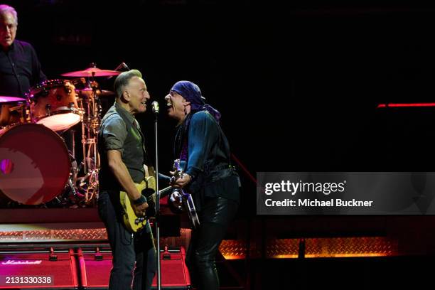 Bruce Springsteen and Steven Van Zandt at the Bruce Springsteen And The E Street Band concert held at the Kia Forum on April 4, 2024 in Los Angeles,...