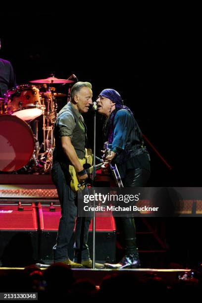 Bruce Springsteen and Steven Van Zandt at the Bruce Springsteen And The E Street Band concert held at the Kia Forum on April 4, 2024 in Los Angeles,...