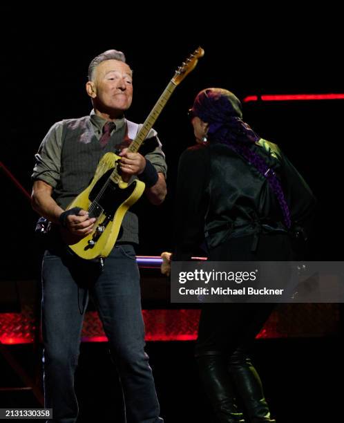 Bruce Springsteen and Steven Van Zandt at the Bruce Springsteen And The E Street Band concert held at the Kia Forum on April 4, 2024 in Los Angeles,...