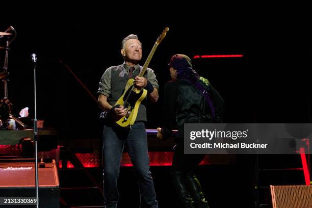 Bruce Springsteen and Steven Van Zandt at the Bruce Springsteen And The E Street Band concert held at the Kia Forum on April 4, 2024 in Los Angeles,...