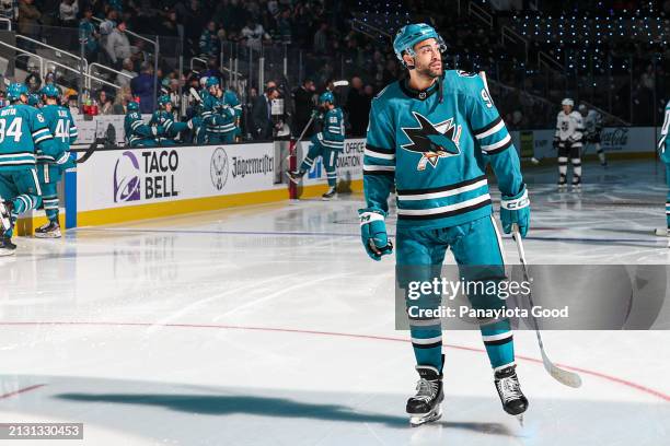 Justin Bailey of the San Jose Sharks enters the ice before a game against the Los Angeles Kings at SAP Center on April 4, 2024 in San Jose,...