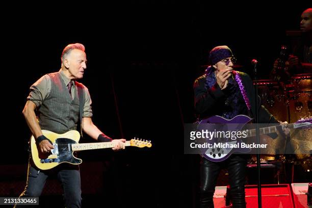 Bruce Springsteen and Steven Van Zandt at the Bruce Springsteen And The E Street Band concert held at the Kia Forum on April 4, 2024 in Los Angeles,...