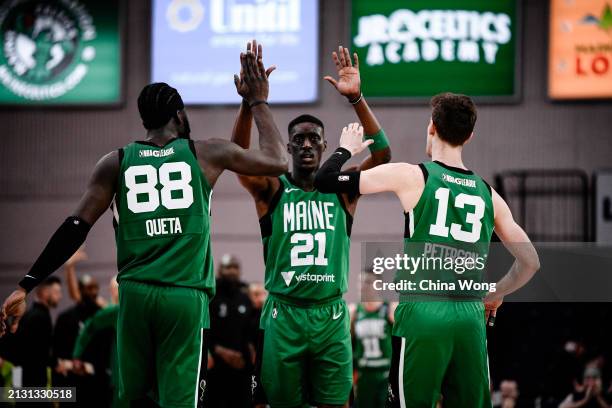 April 04: Tony Snell of the Maine Celtics celebrates with Neemias Queta and Drew Peterson during the 2023-24 G League Playoff game against the...