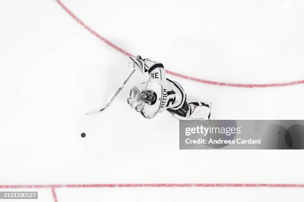 An overhead shot of David Rittich of the Los Angeles Kings skating with the puck at SAP Center on April 4, 2024 in San Jose, California.