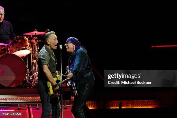 Bruce Springsteen and Steven Van Zandt at the Bruce Springsteen And The E Street Band concert held at the Kia Forum on April 4, 2024 in Los Angeles,...