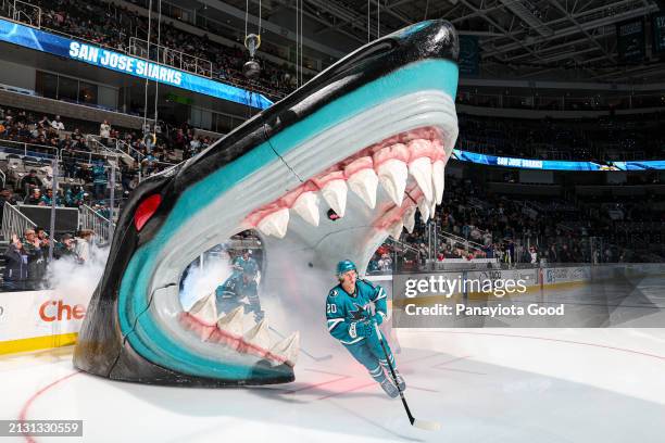 Fabian Zetterlund of the San Jose Sharks enters the ice before a game against the Los Angeles Kings at SAP Center on April 4, 2024 in San Jose,...