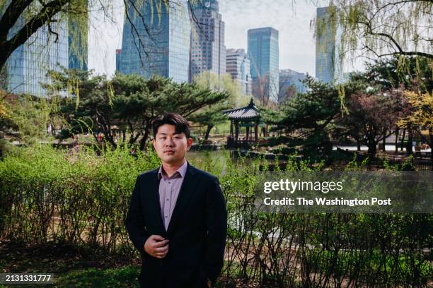 Apr 2024: A portrait of North Korean defector Kim Geum-hyok, against the skyline of Yeouido, Seoul's main political and financial district, taken in...