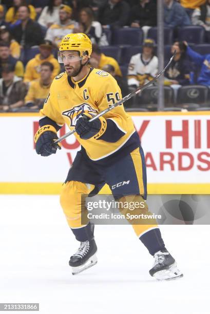 Nashville Predators defenseman Roman Josi is shown during the NHL game between the Nashville Predators and St. Louis Blues, held on April 4 at...