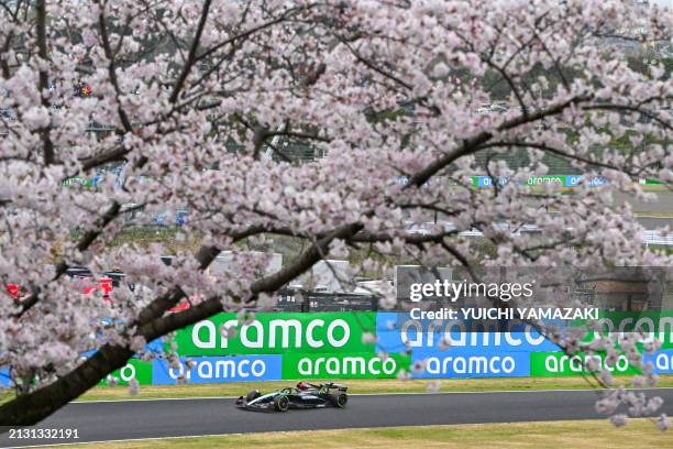 Mercedes' British driver Lewis Hamilton drives while seen past cherry blossom trees during the second practice session ahead of the Formula One...