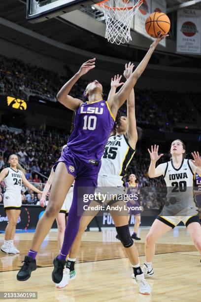 Angel Reese of the LSU Tigers shoots the ball during the first half against the Iowa Hawkeyes in the Elite 8 round of the NCAA Women's Basketball...