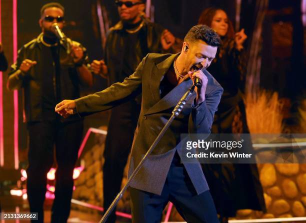 Justin Timberlake performs onstage during the 2024 iHeartRadio Music Awards at Dolby Theatre in Los Angeles, California on April 01, 2024....