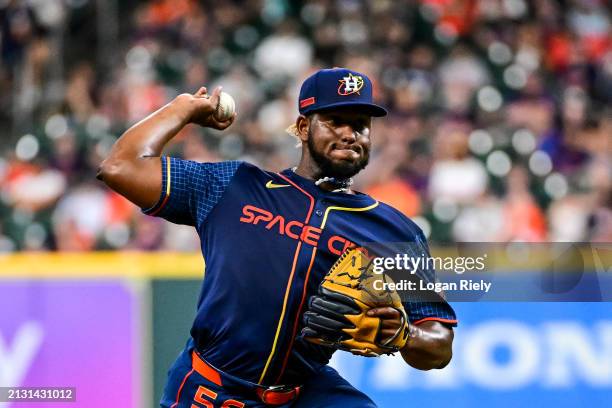 Ronel Blanco of the Houston Astros pitches in the first inning against the Toronto Blue Jays at Minute Maid Park on April 01, 2024 in Houston, Texas.