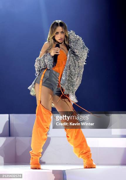 Tate McRae performs onstage during the 2024 iHeartRadio Music Awards at Dolby Theatre in Los Angeles, California on April 01, 2024. Broadcasted live...