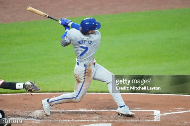 Bobby Witt Jr. #7 of the Kansas City Royals hits a solo home run in the third inning during a baseball game against the Baltimore Orioles at Oriole...