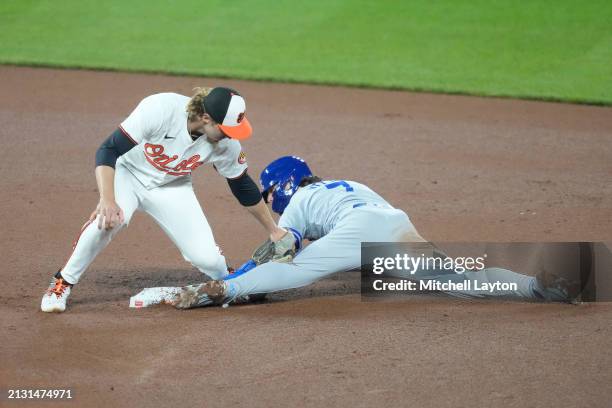 Bobby Witt Jr. #7 of the Kansas City Royals steals second base on Gunnar Henderson of the Baltimore Orioles in eighth inning during a baseball game...