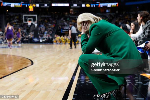 Head coach Kim Mulkey of the LSU Tigers reacts during the second half against the Iowa Hawkeyes in the Elite 8 round of the NCAA Women's Basketball...
