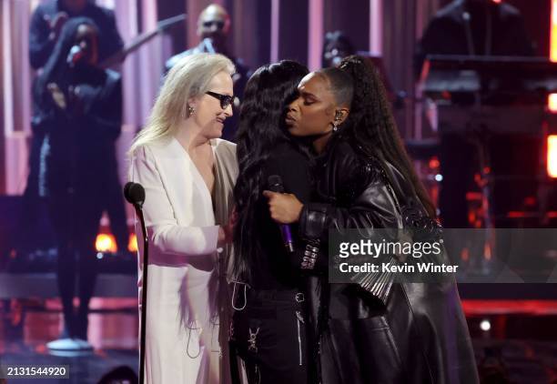 Cher accepts the Icon Award from Meryl Streep and Jennifer Hudson onstage during the 2024 iHeartRadio Music Awards at Dolby Theatre in Los Angeles,...