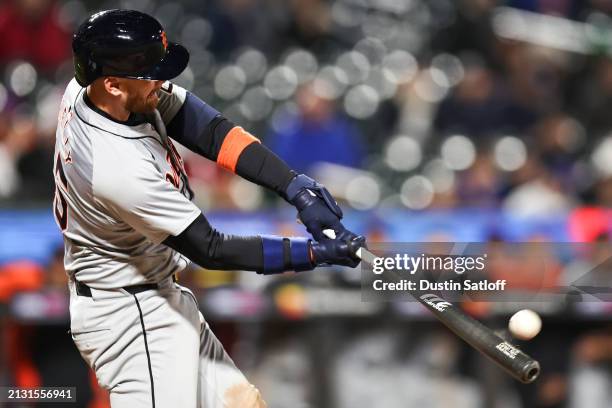 Carson Kelly of the Detroit Tigers hits a three-run home run during the tenth inning of the game against the New York Mets at Citi Field on April 01,...