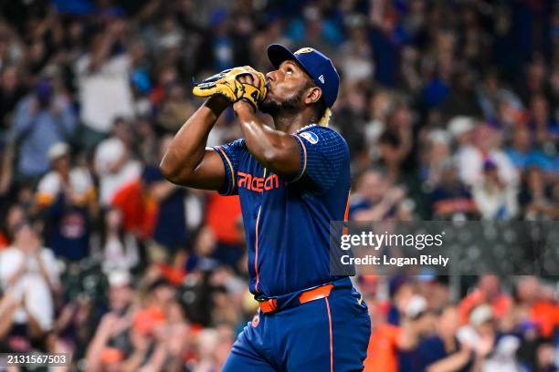 Ronel Blanco of the Houston Astros reacts after the end of the eighth inning against the Toronto Blue Jays at Minute Maid Park on April 01, 2024 in...