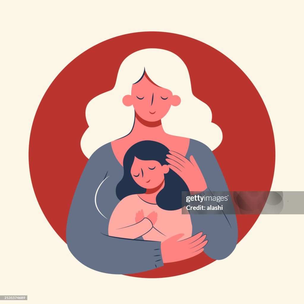 Feliz Dia das Mães, uma mulher com um sorriso e olhos fechados abraçando a filha