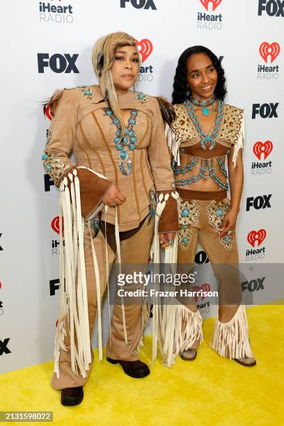 Tionne "T-Boz" Watkins and Rozonda "Chilli" Thomas of TLC pose in the press room during the 2024 iHeartRadio Music Awards at Dolby Theatre on April...