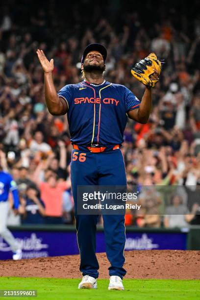 Ronel Blanco of the Houston Astros celebrates after pitching a no hitter against the Toronto Blue Jays at Minute Maid Park on April 01, 2024 in...