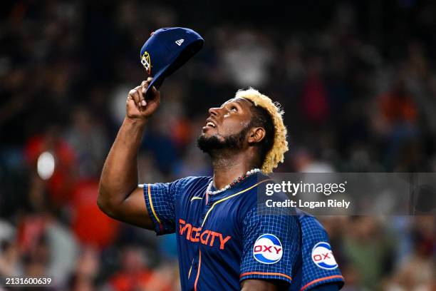 Ronel Blanco of the Houston Astros celebrates after pitching a no hitter against the Toronto Blue Jays at Minute Maid Park on April 01, 2024 in...