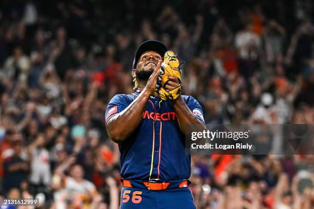 Ronel Blanco of the Houston Astros celebrates after pitching a no hitter against the Toronto Blue Jays at Minute Maid Park on April 01, 2024 in...