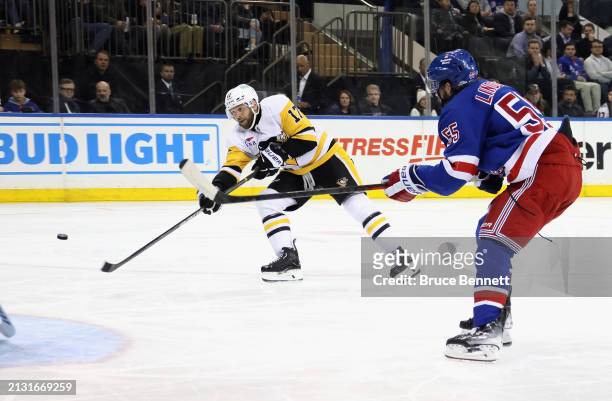 Bryan Rust of the Pittsburgh Penguins skates against the New York Rangers at Madison Square Garden on April 01, 2024 in New York City.
