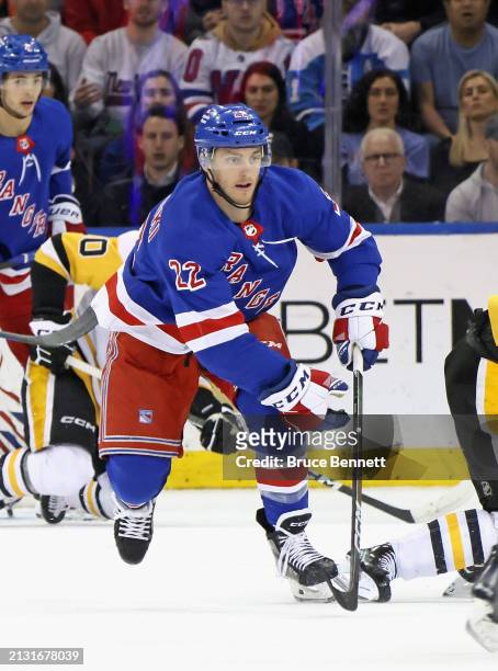 Jonny Brodzinski of the New York Rangers skates against the Pittsburgh Penguins at Madison Square Garden on April 01, 2024 in New York City.