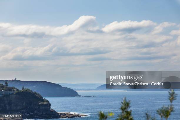 View from Careel Head to Little and Barrenjoey Head's from Whale Beach on Sydney's Northern Beaches, on March 31 in Sydney, Australia