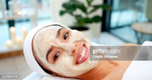 face mask, spa and massage with woman, smile and relaxing with hospitality industry and vacation. portrait, person and resort with moisture and grooming routine with holiday, happy and stress relief - relief facial expression stock pictures, royalty-free photos & images