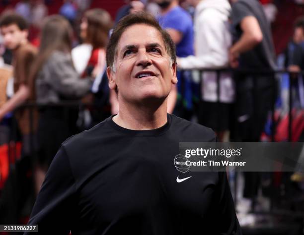 Mark Cuban of the Dallas Mavericks walks to the locker room after the game against the Houston Rockets at Toyota Center on March 31, 2024 in Houston,...