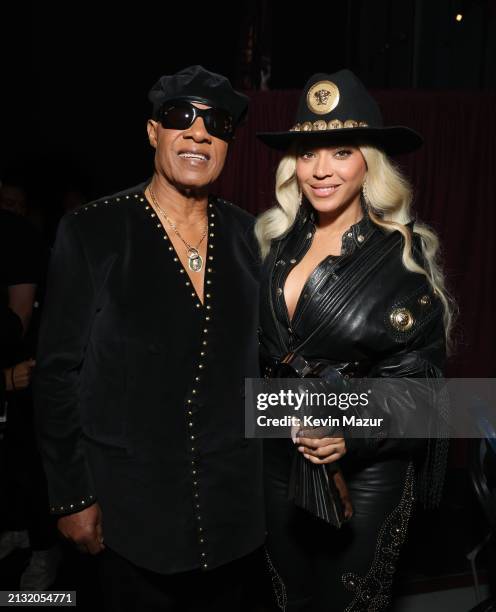Stevie Wonder and Beyoncé, winner of the Innovator Award, pose backstage during the 2024 iHeartRadio Music Awards at Dolby Theatre in Los Angeles,...
