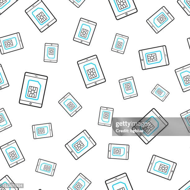 tablet pc with sim card. seamless pattern. line icons on white background - using tablet close up stock illustrations